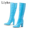 Boots Liyke Spring Autumn Motorcycle Women Pointed Toe Zip Knee High Boots Fashion Pink Snake Print Square Heels Party Long Shoes Lady 231116