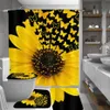 4PCS Set Sunflower Butterfly Print Shower Curtain Waterproof Bathroom Curtain Toilet Cover Mat Non-Slip Rug Set Bathtub Decor LJ20326c