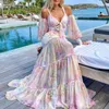 Casual Dresses Elegant Printed Halter Dress 2023 Autumn Women Lantern Sleeve Club Party Evening Plus Size Maxi Vestidos A955