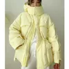 レディースダウンパーカーイエロー冬のフード付き暖かいジャケット女性コットンコート不規則なふわふわバブルドローコードウエストアウトウェアロング231116