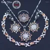 Necklace Earrings Set Fashion 4 Pcs Big Flower Champagne Elegant Women Prom Party Silver Color Cubic Zirconia Bracelets Jewelry