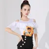 Stage Wear Women Latin Dance Tops Summer Off-Shoulder Sunflower Printing Ballroom Practice Tango Waltz Performance Costume 3932