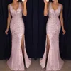 Casual Dresses Sexig paljettklänning för kvinnor Prom Party Split Fork Bodycon Solid Gold Evening Bridesmaid V Neck Long Robecasual