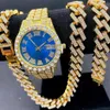 Catene Orologio completamente ghiacciato Bracciale a catena cubana da uomo Collane iniziali Girocollo Gioielli hip-hop per uomo Set in oro254m