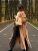Женское полушерстяное элегантное длинное шерстяное пальто с боковым разрезом и поясом, осень-зима, модная шикарная верхняя одежда с однотонными рукавами, женское повседневное пальто 231116