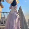 Casual Dresses 2023 French Vintage Purple Summer Puff Sleeve Backless Bow A Line Midi Fashion Party Evening Princess 230417