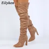 Boots Eilyken Pleated Thigh High Boots Fashion Pointed Toe Zip Female Stiletto Square Heels Design White Black Brown Women's Shoes 231117