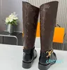 Women Westside Flat Bottom High Barrel Boots Brand Printed Metal Buckle Over the Knee Knight Boots Anti Slides Sole Ladies Knee Boot