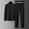Men's Tracksuits Spring Summer Fashion Suit Men Long Sleeve Casual Shirts And Pant Seersucker Striped Pleats Slim Handsome Twopiece Set 230417