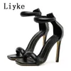 Robe chaussures Liyke gladiateur talons hauts sexy sandales d'or mode bout carré cheville couverture sangle stiletto stripper femmes chaussures pompes 231116