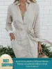 Vestidos casuais manga comprida botão mini camisa vestido mulheres primavera algodão linho algodão de cordão cintura minimalista sólido