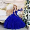 Girl Dresses Royal Blue A-Line First Communion Gowns Brush Train Illusion Princess Flower For Wedding Party Kid Christmas Dress