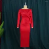 Etniska kläder Afrikanska klänningar för kvinnor 2023 Fall Winter Clothes One-Line Long-Sleeve Bow Costume Red Women's Party Dress