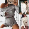 Women's Two Piece Pants Autumn Winter Fashion Women Ladies Chunky Knitted High Crew Neck Top Bottom Ribbed Lounge Suit Tracksuit Set Outfits