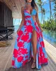 Casual jurken dames 2023 zomer mode bloemenprint uitsparingen backless drawstring sexy hoge spleet halter mouwloze maxi vakantie jurk