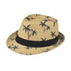 Fashion Adults Children Straw Jazz Hats Mens Kids Boys Fashion Straw Bucket Hats Coconut Tree Printed Summer Beach Sun Visor Fishing Cap Blue Beige Khaki White