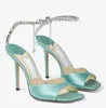 2024 Summer Lady Robe Pump Sandale Sandales Satin avec enceinte de cristal Strap de cheville Summer Party High Toe Open Toe Sexy Chaussures avec Box Factorysale