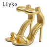 Kleidschuhe Liyke Gladiator High Heels Sexy Gold Sandalen Fashion Square Toe Ankle Cover Strap Stiletto Stripper Frauen Schuhe Pumps 231116