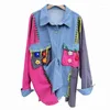 Women's Blouses Women's Denim Shirt 2023 Color Contrast Woolen Three-Dimensional Flower Stitching Loose Medium Length