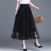 Skirts Women Summer Mesh Skirt Fashion Korean Female Floral Long Gauze Skirt Elastic High Waist A Line Midi Skirts Office Lady Clothes 230417