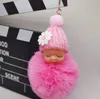 Cute Sleeping Baby Doll Keychain Pompom Helmet Rabbit Fur Ball Carabiner Key Chain Keyring Key Holder Bag Pendant key Ring Gift