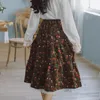 Skirts Japanese Mori Girl Women Midi Skirt High Waist Navy Blue Brown Floral Skirt With Lace Ruffles Vintage Elegant Corduroy Skirt 230417