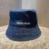 Miu Family Miao Family's Same Wash Blue Black Women's Embroidery Letter Logo Denim Fisherman Sun Visor Hat