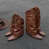 Buty retro spiczasty zachodnia skórzana skórzana buty damskie nowe brązowe butki z brązowym edy