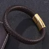 Charm Bracelets Vintage Men Jewelry Brown Braided Leather Bracelet Golden Stainless Steel Magnetic Clasp Fashion Male Wristband Man Gift