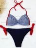 Kvinnors badkläder Seashy Blue Striped Bikini Set Sexig Thong Halter Bandage Två stycken Baddräkter Kvinna Push Up SwimeWear Summer Beach Bathing Suits T230417
