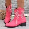 Stiefel Neue 2024 Frühling Herbst PU Leder Stiefeletten Frauen Spitz Blockabsatz Frauen Stiefel Mode Stickerei Western Cowboy Stiefel T231117