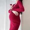 Maternity Dresses 2289# Autumn Sexy Knitted Maternity Pencil Dress V Neck Charming A Line Slim Clothes for Pregnant Women Chic Ins Pregnancy 230417