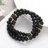 Strand Boho Retro Long Natural Stone Beaded Bracelet For Men Ethnic Three Layred 8MM Golden Gasket Yoga