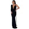 Casual jurken Backless Deep V-neck Maxi Jurk Drape slanke vrouwen feest pure kleur een schouderjurken elegante vrouwelijke zeemeermin vestidos