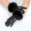 Fünf-Finger-Handschuhe Ankunft Großhandel Damen Echte Schaffell-Lederhandschuhe mit Kaninchenfell-Manschetten Weibliche Radfahren Warme Handschuhe Fleece-Futter 231117