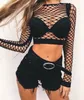 Damen Polos Fashion Trend Damen Sheer Mesh Sexy Hohl Fischnetz Crop Top Damen Mädchen Langarm Strandurlaub T-Shirts Kein BH