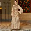 Nieuwe gouden prom -jurken extra gezwollen ruches fotoshoot vrouwen glanzende bling vestidos de fiesta formele avondjurken lange mouw moslim zelfs jurk hijab 403