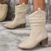 Boots Pleated Mid Calf Cowboy Boots Women Faux Suede Pointed Toe Western Boots Woman 2023 Autumn Thick Heels Cowgirl Short Botas Mujer T231117