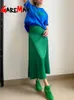 Saias de saia de cetim longa feminina midi elegante cintura alta Office Green Autumn Office A-Line Solid Sely Silk Purple Skirt for Women 230417