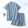 Mäns Sleepwear Men's Pyjamas Summer Thin ShorteVed Shorts tvättade bomull Enkel japansk rutig hemtjänstdräkt Pantalon Pijama Hombre 230418