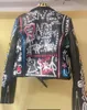 Giacche da donna Rivetti con perline Giacca in pelle PU Donna Graffiti Stampa colorata Giacche e cappotti da motociclista PUNK Giacca streetwear 231117