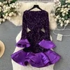 Casual Dresses High Quality Ladies Purple Party Dress Women Elegant Luxury Flare Long Sleeve Asymmetrical Ruffled Sparkly Sequins Dress 2024