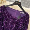 Casual Dresses High Quality Ladies Purple Party Dress Women Elegant Luxury Flare Long Sleeve Asymmetrical Ruffled Sparkly Sequins Dress 2024