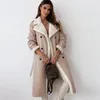 Jaqueta longa de couro de pele feminina, cinto de lã de cordeiro, manga comprida, gola aberta, bolso, casaco feminino, outono inverno, sobretudo feminino