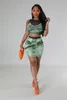 New Designer Mesh Dress Sets for Women Summer Beautiful Sleeveless Crop Top and Mini Skirt Two Piece Denim Print See Through Suits Clothes 9734