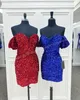 Abito corto da cocktail NYE 2023 Royal-Blue Red Velvet Paillettes Lady Evento formale Abito da festa Sweetheart Club Night Out Laurea Hoco Homecoming Gala Maniche a sbuffo Rosa