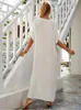 Women's Swimwear EDOLYNSA White Vintage Embroidered Long Kaftan Casual V-neck Maxi Dress Summer Clothes Women Beach Wear Swim Suit Cover Up Q1490 230417