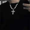 Hip Hop rétro collier de perles Punk doux Cool cristal croix pendentif clavicule chaîne collier pour femmes hommes bijoux