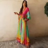 TEELYNN Boho Strand Regenboog Chiffon Gedrukt Losse Maxi Jurk Dames Gewaad Lantaarn Lange Mouwen Diepe V-hals Jurken Herfst vestidos 231117