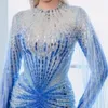イブニングドレスYusuf Aljasmi長袖の勾配青い光沢のある長いスカートZuhair Murad Kim Kardashian